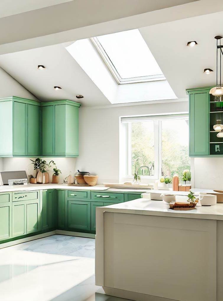 A bright kitchen with green cabinets, westchester