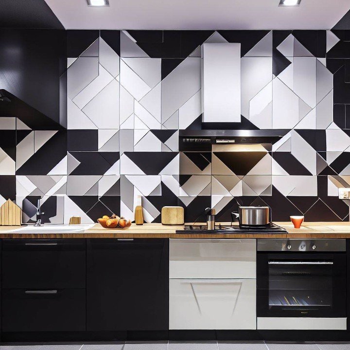 a kitchen with geometric tiles with black grout as the backsplash