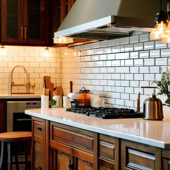 a kitchen with subway tiles with white grout as the backsplash