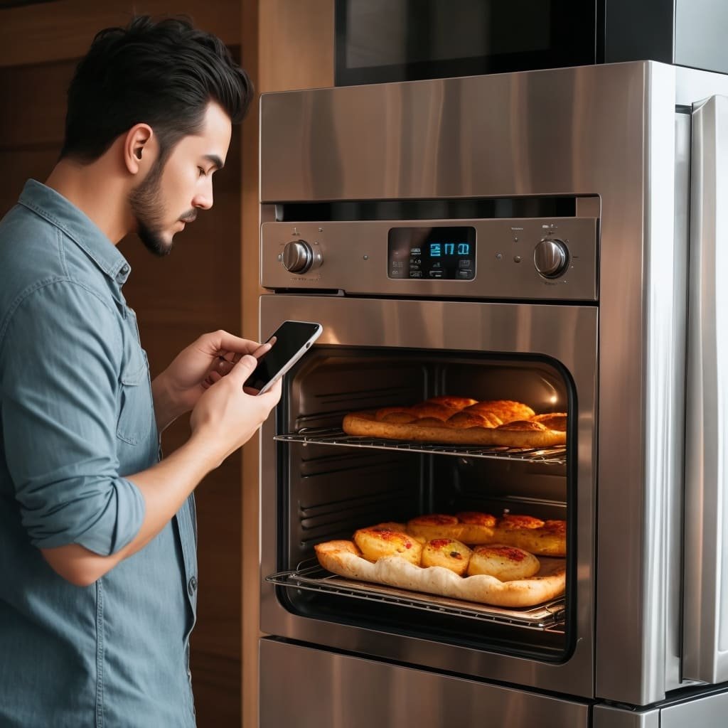 home oven made of stainless steel and a man operating it with his phone