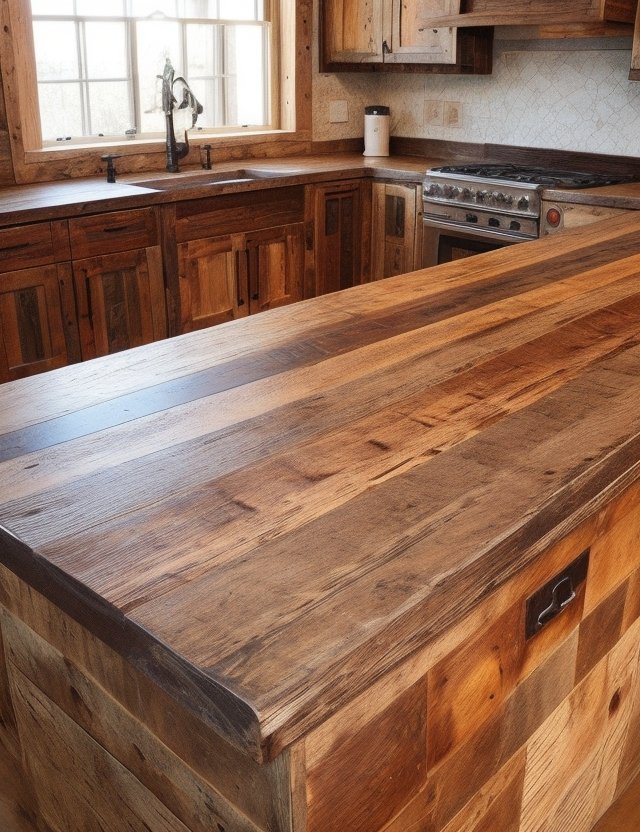 A weathered, rustic reclaimed wood countertop A weathered, rustic reclaimed wood countertop