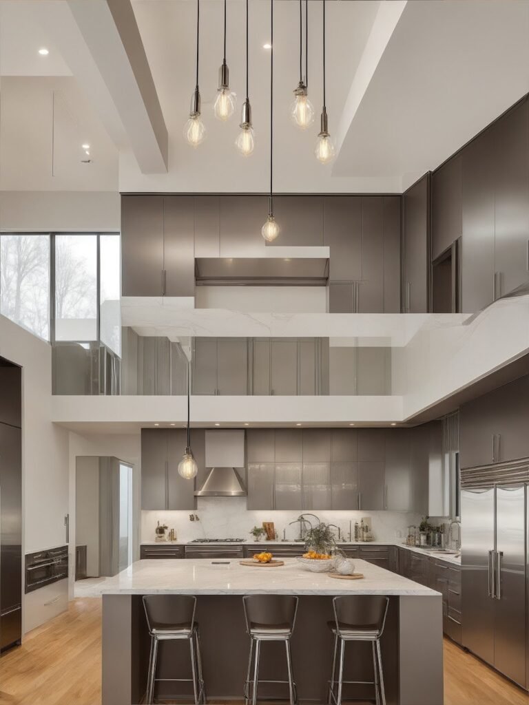 metallic pendant lights hang above the modern kitchen island