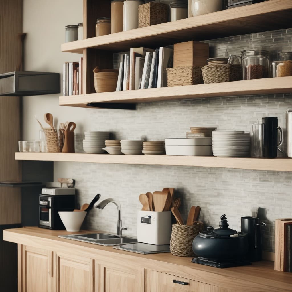 kitchen floating shelves with books and art