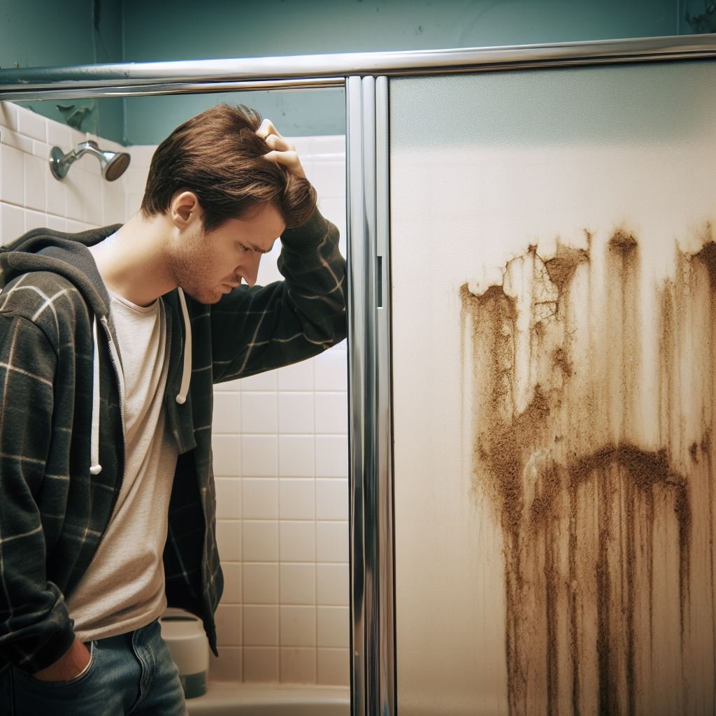 disappointed homeowner looks at a moldy, cracked shower 